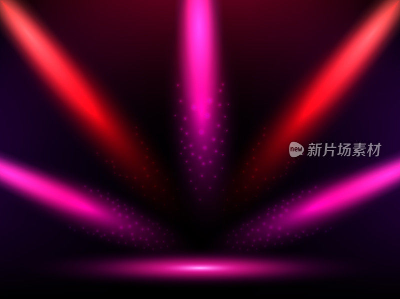 Stage with colorful red and pink lights. Background. Podium, road, pedestal or platform illuminated by spotlights. Vector.